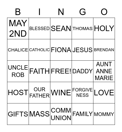 SEAN'S FIRST HOLY COMMUNION Bingo Card