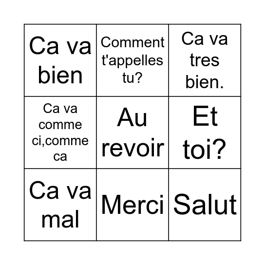 French greetings Bingo Card