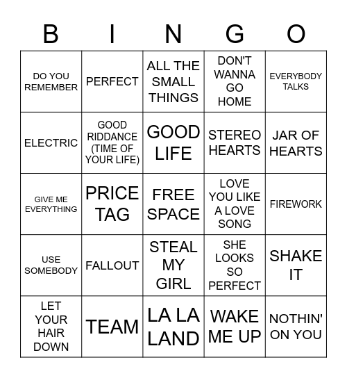 Throwbacks Music Bingo Card