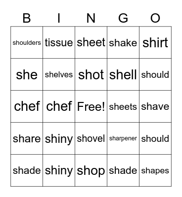 Articulation Bingo - Sh - Initial Bingo Card