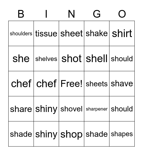 Articulation Bingo - Sh - Initial Bingo Card