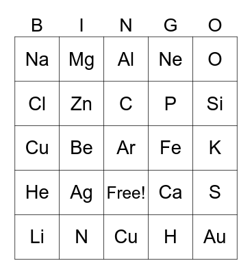 Periodic table bingo! Bingo Card