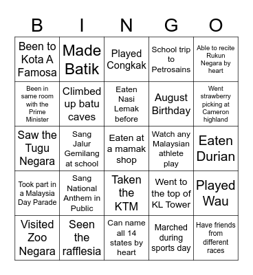 Malaysia Bingo Card