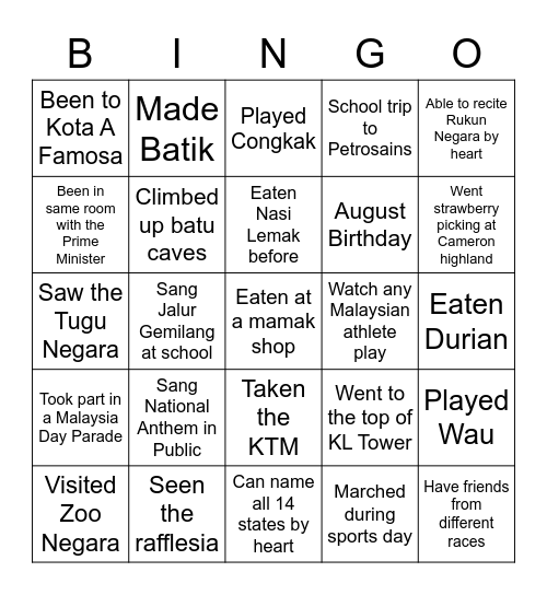 Malaysia Bingo Card