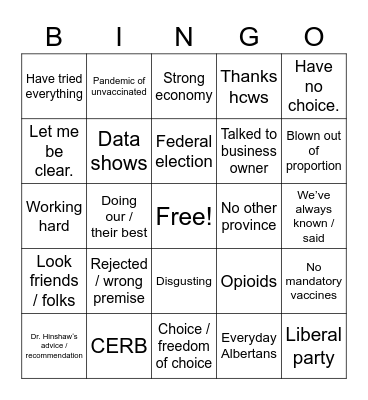 Kenney Press Conference Bingo Card