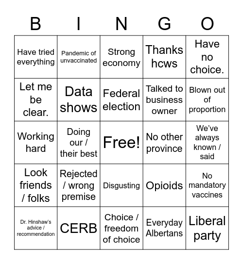 Kenney Press Conference Bingo Card