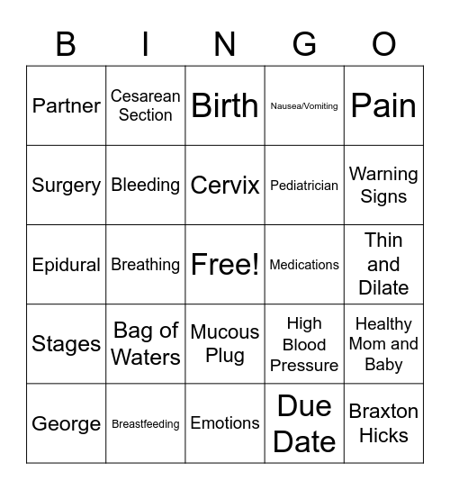 Childbirth Class Bingo Card