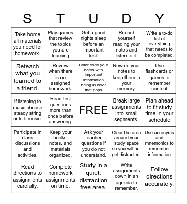 Study Skills Bingo Card