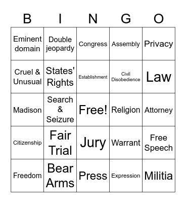 Constitution and Citizenship Day 2021 Bingo Card
