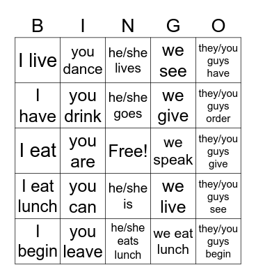 lo tengo muchos verbos Bingo Card