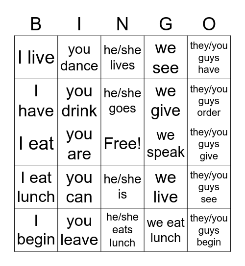 lo tengo muchos verbos Bingo Card