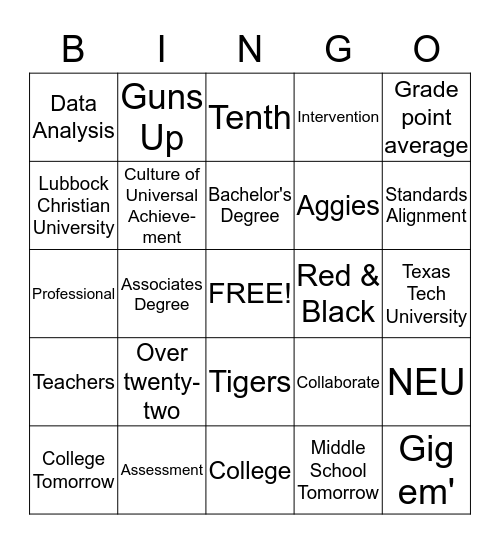 NEU College Night Bingo Card