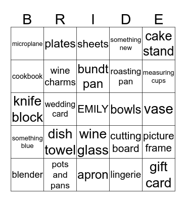 Emily's Bridal Bingo Card