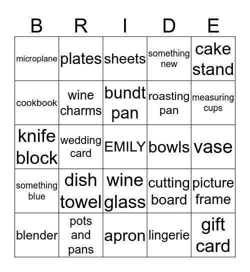 Emily's Bridal Bingo Card