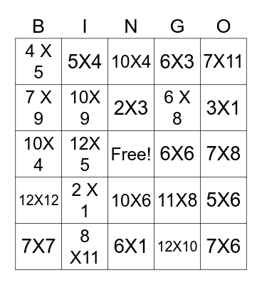 Multiplication Bingo Card