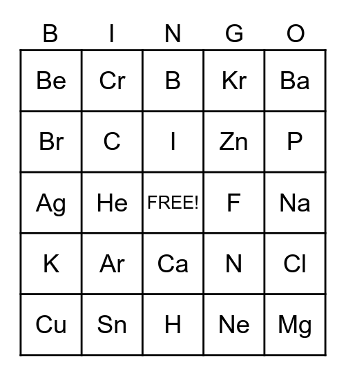 Periodic Table Bingo Card