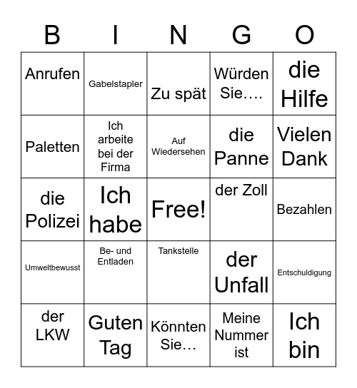 Wichtige Wörter Bingo Card