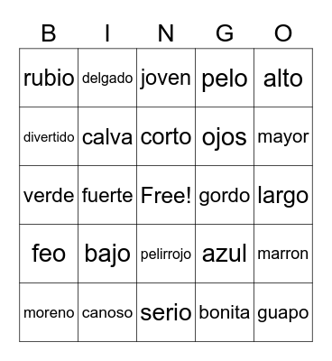 Spanish Adjectives Bingo Card