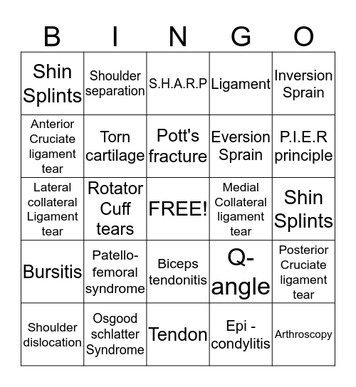 Joint Injury Bingo Card