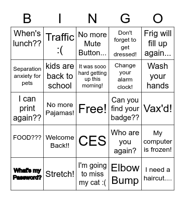 Return to Work Bingo Card