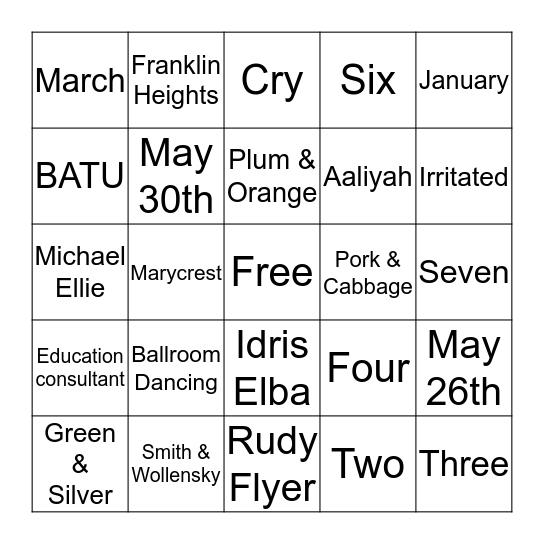 Shayla's Bridal Shower Bingo Card
