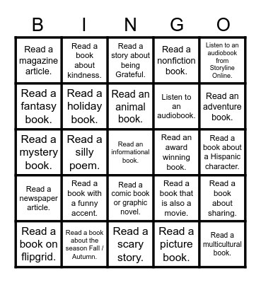 The Reading Book Challenge Bingo Card