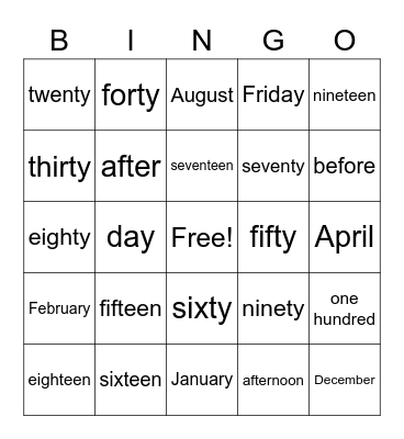 Fun Numbers & Calendar Bingo Card