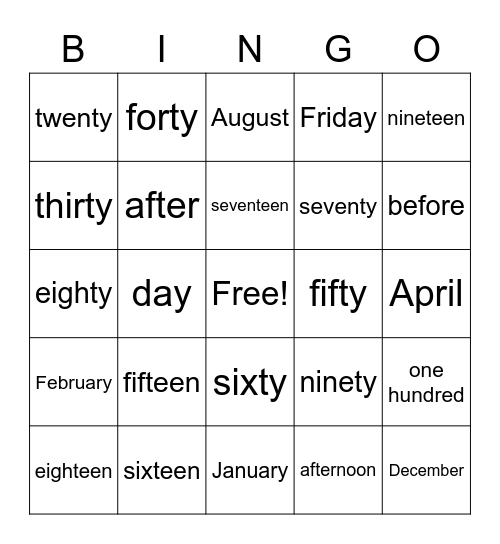 Fun Numbers & Calendar Bingo Card