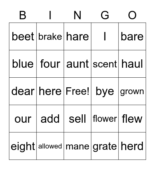 HOMOPHONES Bingo Card