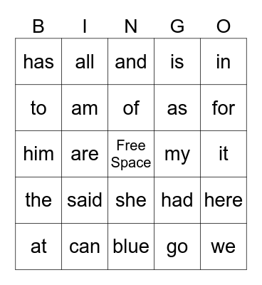 SIGHT WORD Bingo Card