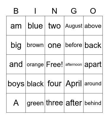 Fun Words Bingo Card