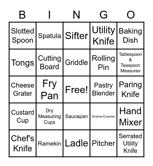 Kitchen Tools & Equipment Bingo Card