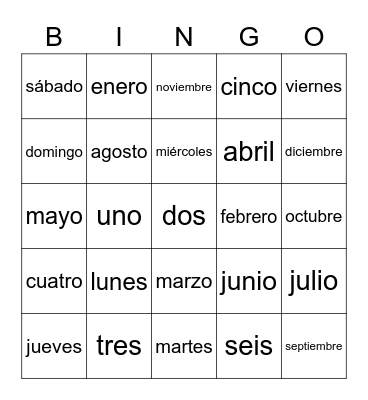 Días de la semana y meses del año Bingo Card