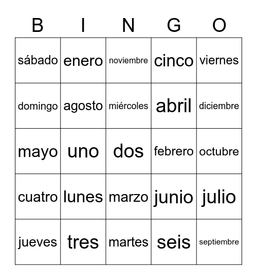 Días de la semana y meses del año Bingo Card