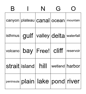 Landforms and Bodies of Water Bingo Card