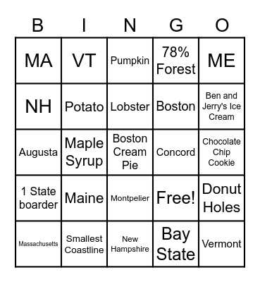 50 States Bingo Card