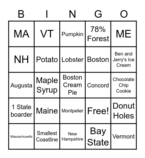 50 States Bingo Card