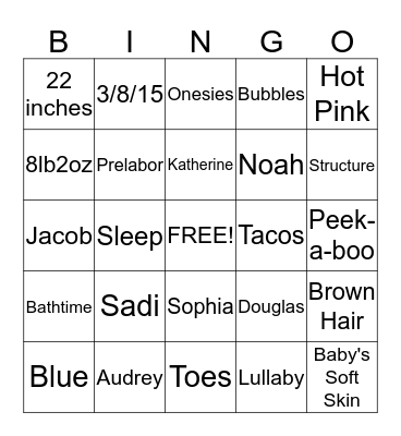 Sadi's Baby Shower Bingo Card
