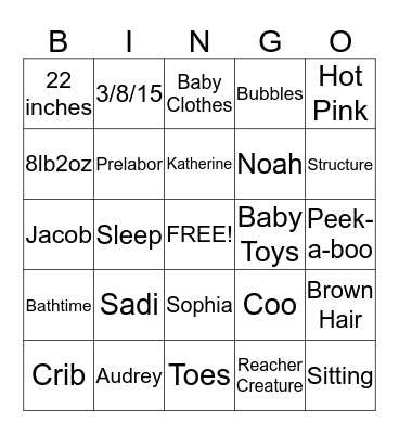 Sadi's Baby Shower Bingo Card