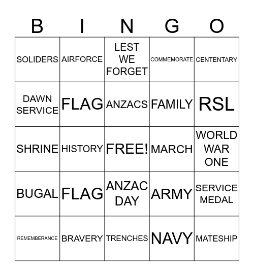 ANZAC DAY Bingo Card
