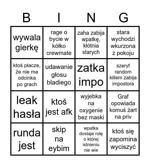 Bingo Among Us WPATKA Bingo Card