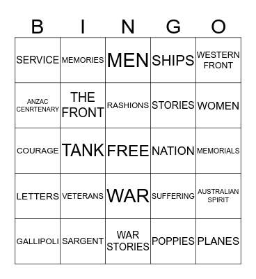 ANZAC DAY Bingo Card