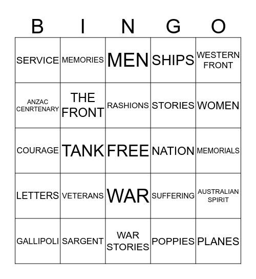 ANZAC DAY Bingo Card