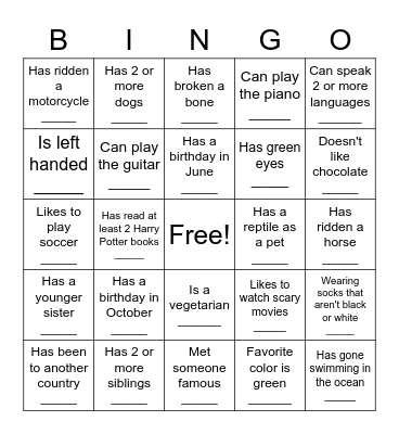 Human Scavenger Hunt Bingo Card