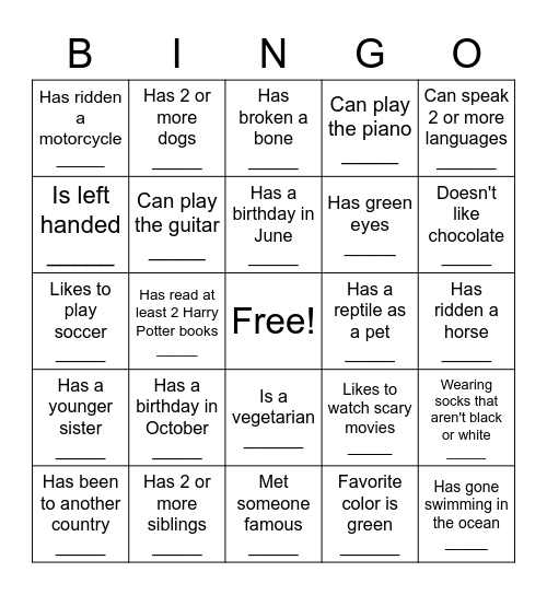 Human Scavenger Hunt Bingo Card