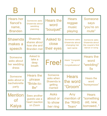 Shawnda's Bridal Shower BINGO Card