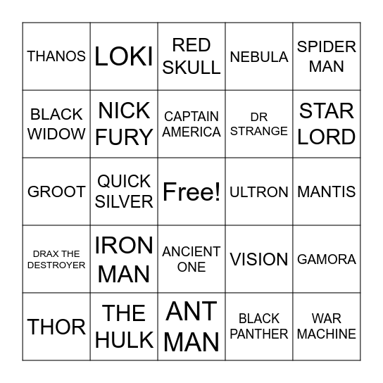 AVENGERS Bingo Card