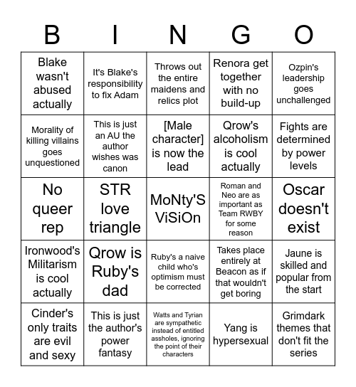 Terrible RWBY Rewrite Bingo Card