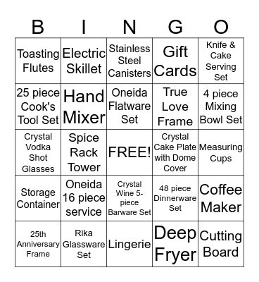 Bridal Bingo Card