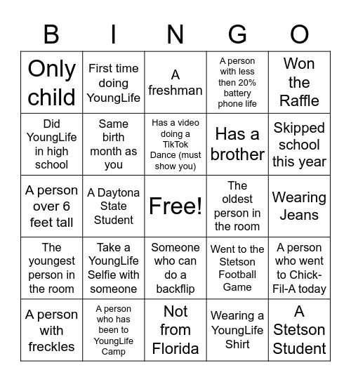 YoungLife College Bingo! Bingo Card